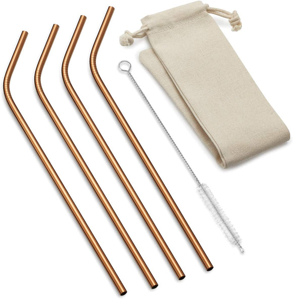 Copper Reusable Drinking Straws w/Bend, Set of 4 w/Bag 10.5