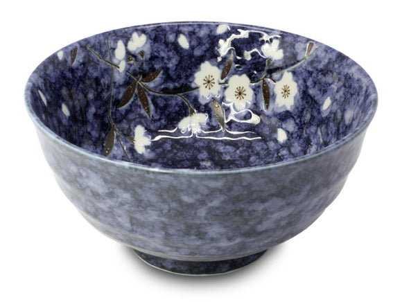 Deep Blue Cherry Blossom Japanese Porcelain Bowl, 17cm
