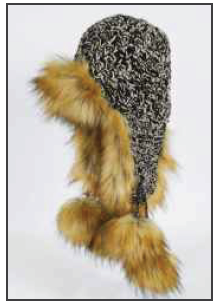 RMO Black & White Wool Trapper Hat w/ Faux Fox Fur,  Long Ear Flaps & Pom Poms