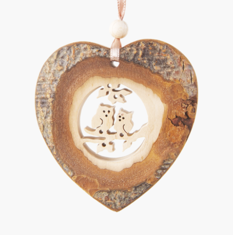 Bark Heart-Shaped Ornament , Owls