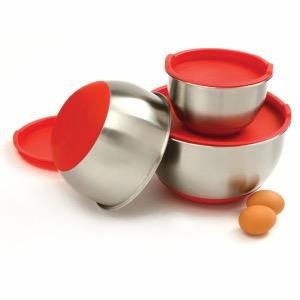 Stainless Steel Grip Bowls w/Lids, Red Set of 3