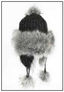 RMO Dark Grey Wool Hat w/ Grey Fur Trimming, Pom Pom , Ear Flaps & Blue Detail
