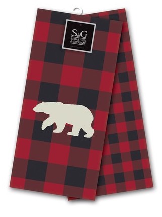 Northern Animals Embroidered Tea Towel Set - Grizzly Bear, Red/Black