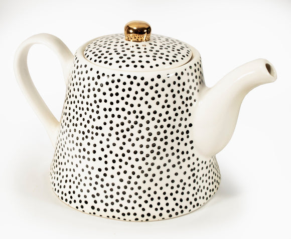 White & Black Dot Tea Pot With Gold Knob, 1L