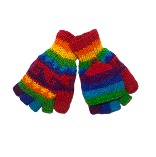 Wool Knitted Mittens / Gloves Combo, Adult - Rainbow