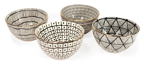 Black/White Geometric Bowls w/Gold Rim, 12.7cm/5