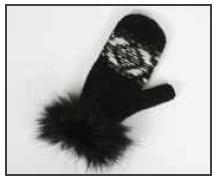 RMO Black Wool Mittens w/ Black Fur Trim & White Detail