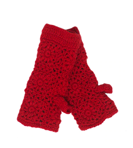 Wool Knitted Mittens Gloves, Red (Fingerless)