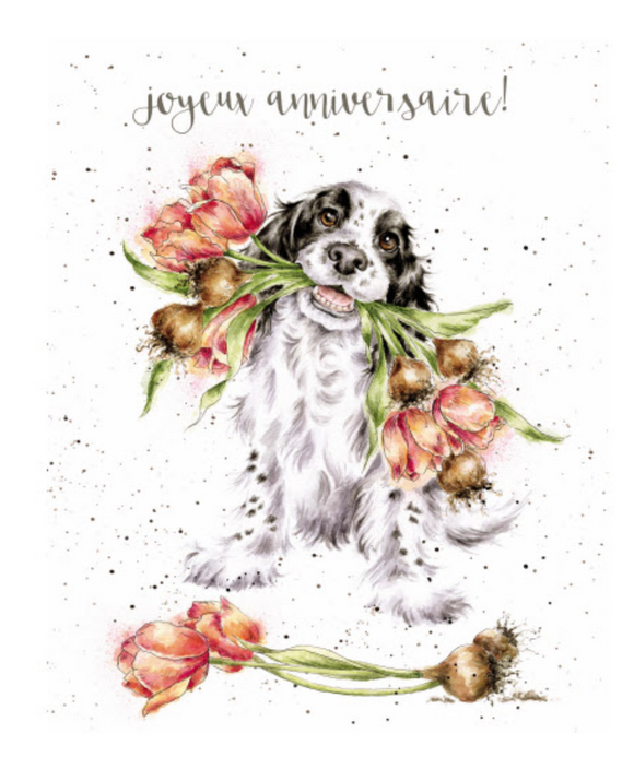 Wrendale French Greeting Card, Des Fleurs Fra Ches (Dog & Tulips)