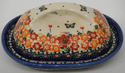 Butter Dish, Country, 18x13x9cm, Red Flowers & Butterflies