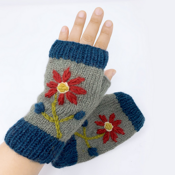 Hamro Knitted Fingerless Mittens, Red Flower & Blue Trim