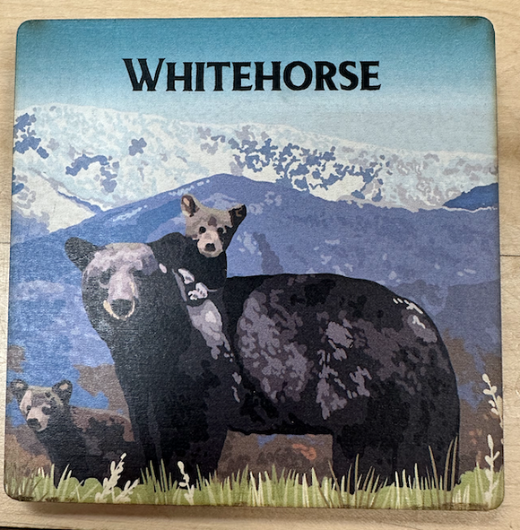 Wooden Coaster, Bear & Cubs in Meadow - Whitehorse