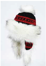 RMO Black & Red Wool Hat w/ White Fur Trim, Pom Pom & Ear Flaps