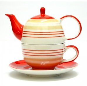 "Sand And Red Stripes" Tea For One Teapot/Teacup Set