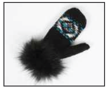 RMO Black Wool Mittens w/ Black Fur Trim & White/Blue Detail