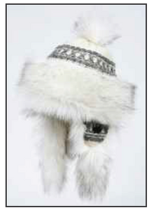 RMO White Fur Trimmed Wool Hat w/ Pom Pom, Ear Flaps & Grey Detail