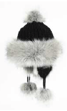 RMO Black Wool Hat w/Grey Fur Trim, Pom Pom, Ear Flaps Poms