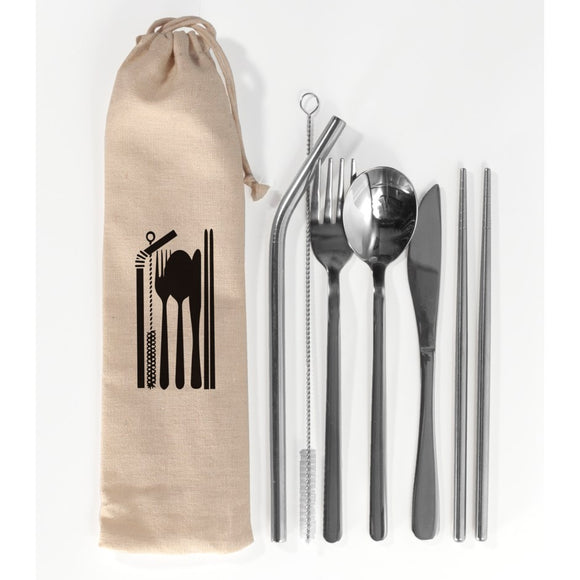 Cutlery Set, 7pc w/Straw, Brush, Chopsticks in Cotton Bag
