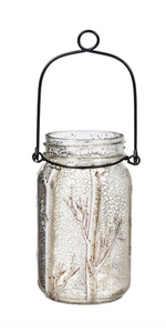Mason Jar w/LED, Glass Birch Branches with Glitter