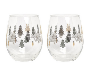 Metallic Trees Stemless Wine Glass Set, 2pc Gold