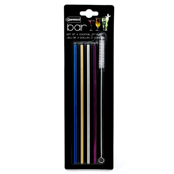 Danesco Coloured Steel Cocktail Straws, Set of 4 w/Brush