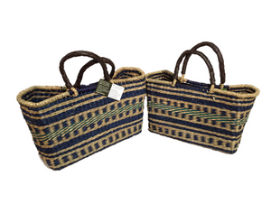 Greener Valley Handwoven Seagrass Tote Bag Set, 2pc - Black Stripe/Dash