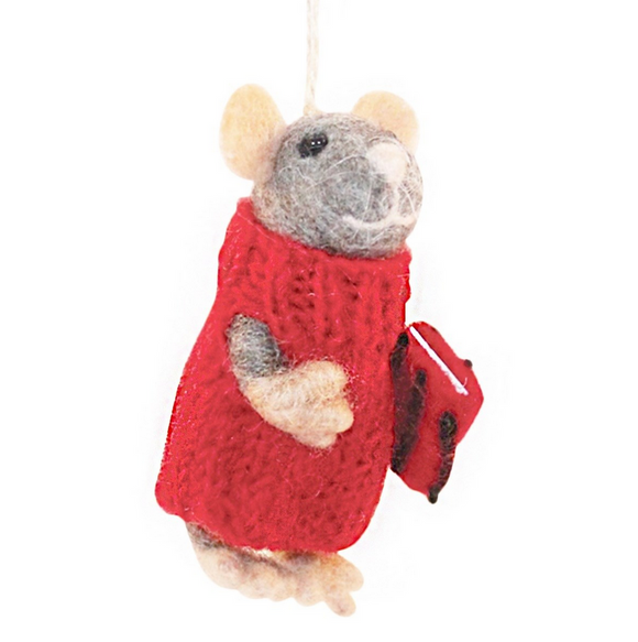 Hamro Felt Ornament, Red Sweater & Book Mouse
