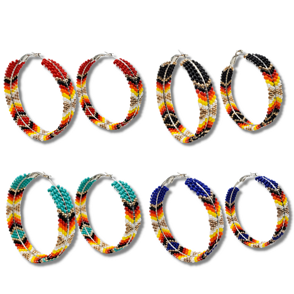 Tribal Roots Large Chevron Beaded Hoop Earrings, Assorted Colours