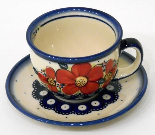 Tea Cup & Saucer, Red Flowers & Dots