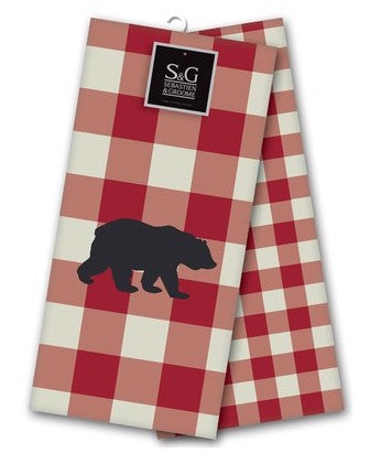 Northern Animals Embroidered Tea Towel Set - Grizzly Bear, Beige/Red