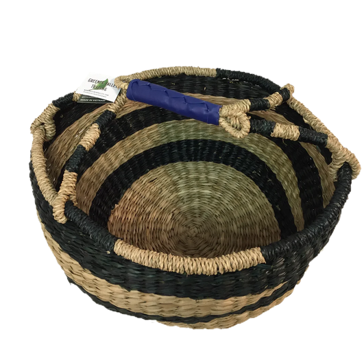 Greener Valley Handwoven Seagrass Round Tote Bag, Blue Wide Stripe