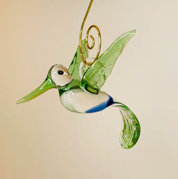 Dandarah Blown Glass Ornament, Green & Blue Hummingbird