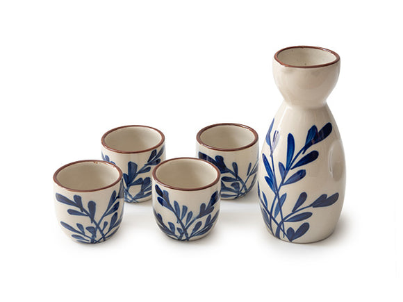 EMF Sake Set, 5pc Blue Leaves