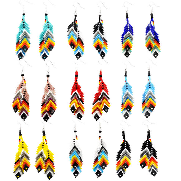 Tribal Roots Double Feather Beaded Earrings, Assorted Colours