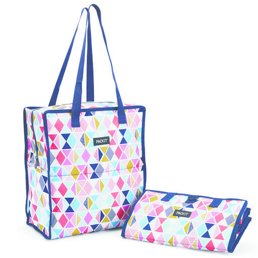 PACKIT Freezable/Reusable Grocery Bag w/Zip Closure, 'Festive Gem' Pattern