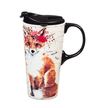 Ceramic Travel Cup w/Tritan Lid & Gift Box, 17oz Fox w/Head-Dress