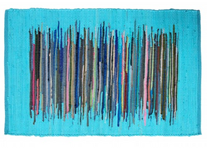 Gajmoti Chindi Rug, Turquoise Colour w/Multi-Colour Inset Stripe Block 24x36"