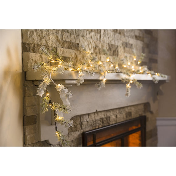 Snowy Pine Garland w/48 Battery Operated Lights, 6' Length