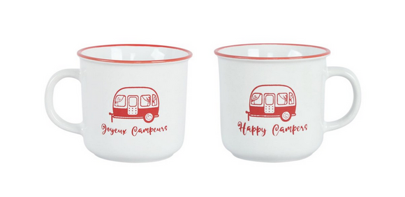 Happy Campers Bilingual Mug, White/Red 14oz