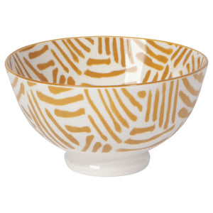 Ochre Lines Stamped Footed Porcelain Bowl, 4" D