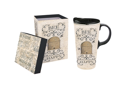 Ceramic Travel Cup w/Tritan Lid & Gift Box, 17oz Bee Happy