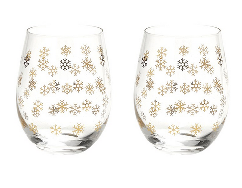 Snowflake Stemless Wine Glass Set, 2pc Gold
