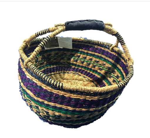 Greener Valley Handwoven Seagrass Round Tote Bag, Green/Purple Stripe