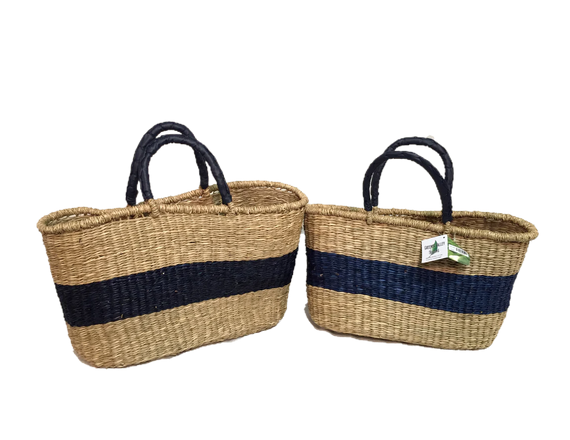 Greener Valley Handwoven Seagrass Tote Bag Set, 2pc - Blue Stripe