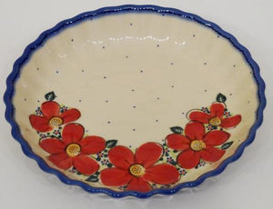 Pie / Tart Dish, 25cm, Red Flowers & Dots