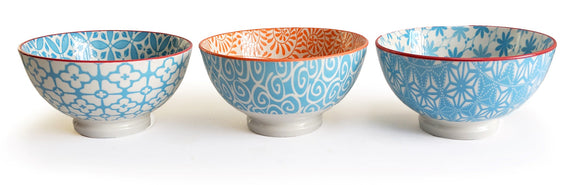 Mini Bowls, Blue/White/Orange Assorted Patterns 12.5cm/5