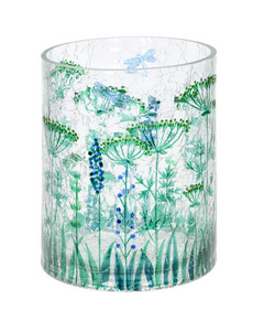 Green Flowers Cylinder Vase / Candle Holder, 5x6"