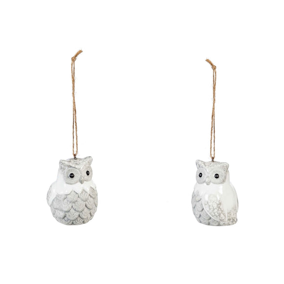 Terracotta White/Grey Owl Ornament, 2 Assorted Styles