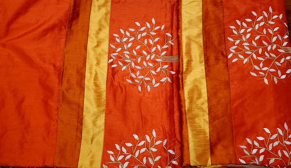 India Bedcover w / 2 Pillowshams, Creamsicle, Tree Motif, Silk, 80