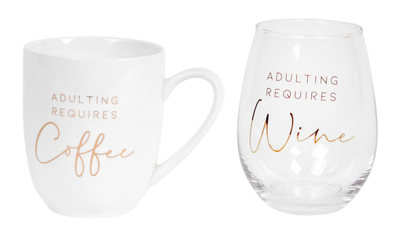 Adulting Requires Coffee/Wine Mug and Wine Glass Set, Gold